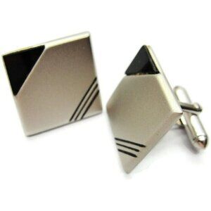 Swank Cufflinks Silver Tone Brushed Finish Black Corners Shirt Suit Vintage IOB